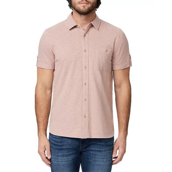 PAIGE Shirt Mens Large Muted Pink Tan Button Roll Tab Cotton Slub BRAYDEN $149 - Picture 1 of 10
